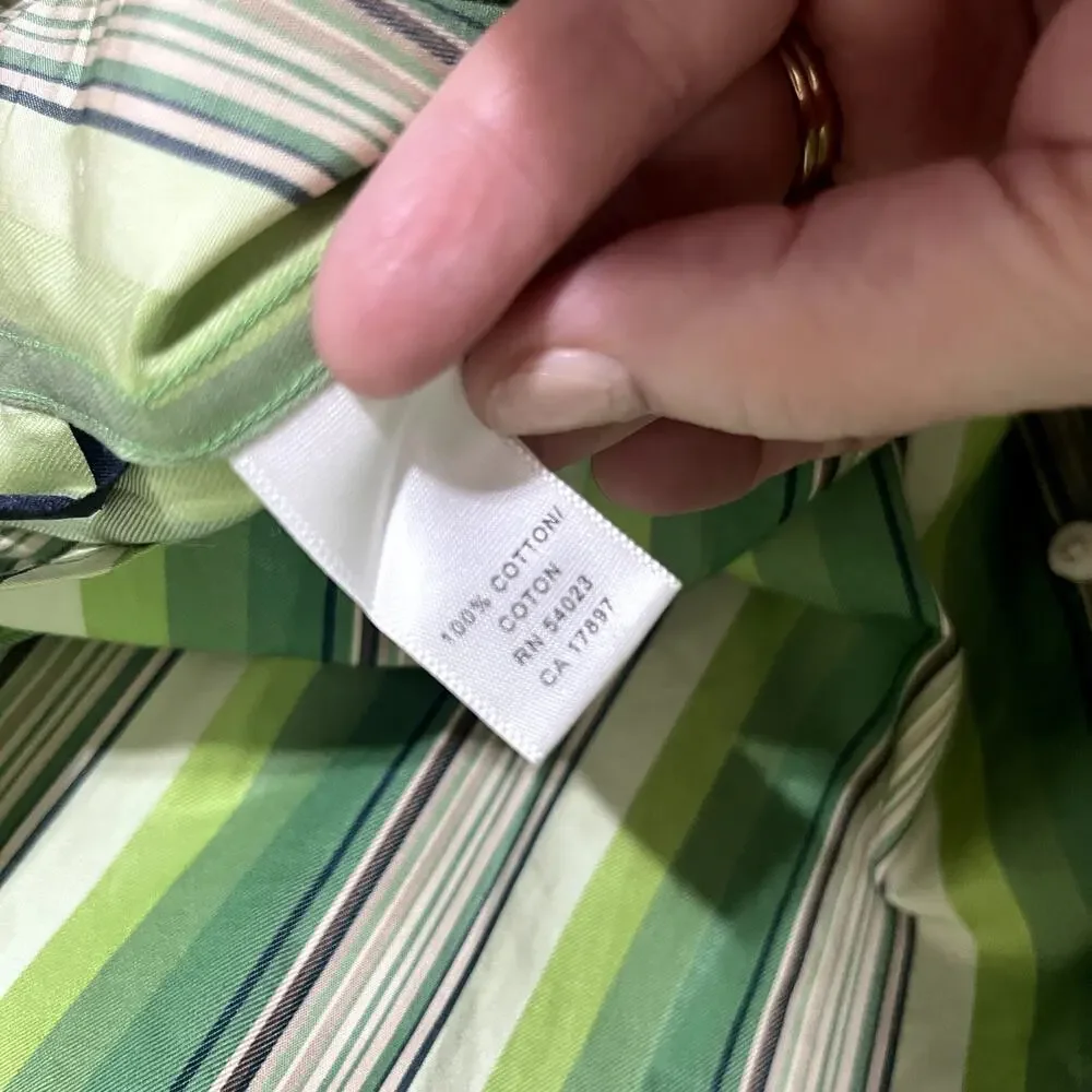 Banana Republic Green Stripe Dress Shirt button up flip contrast cuffs L 16/16.5